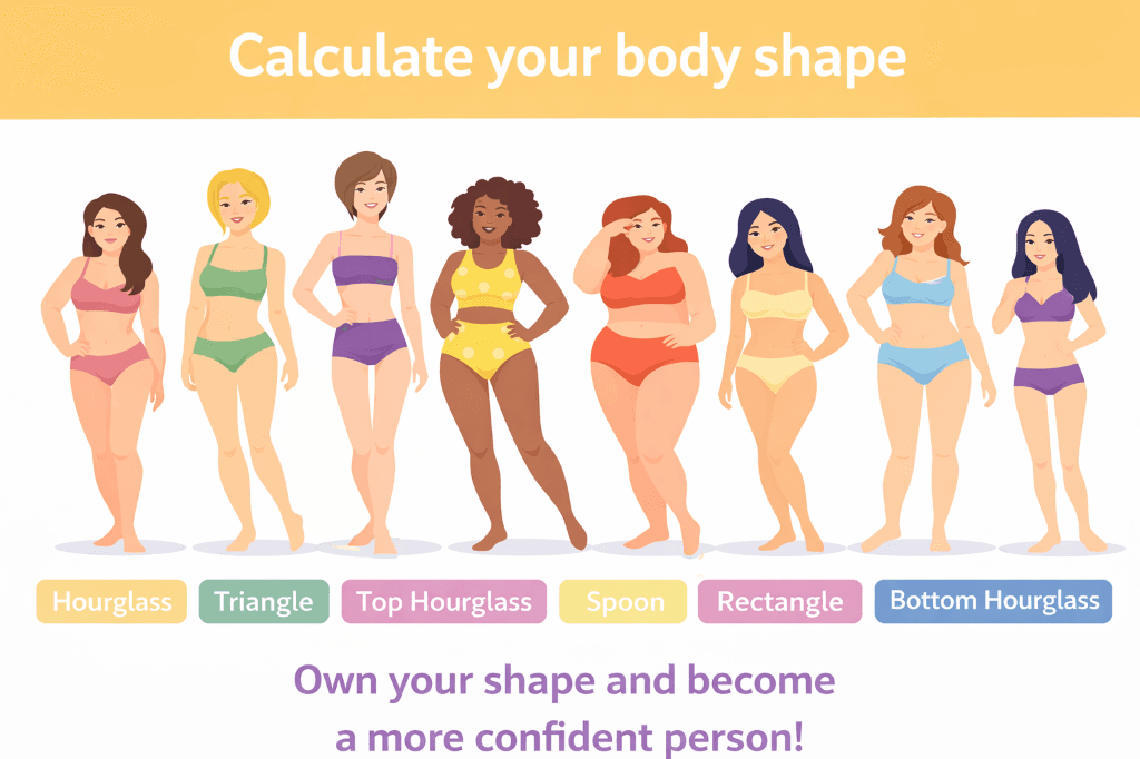 Illustration of 7 female body shapes: Hourglass, Triangle, Top Hourglass, Spoon, Rectangle, Bottom Hourglass